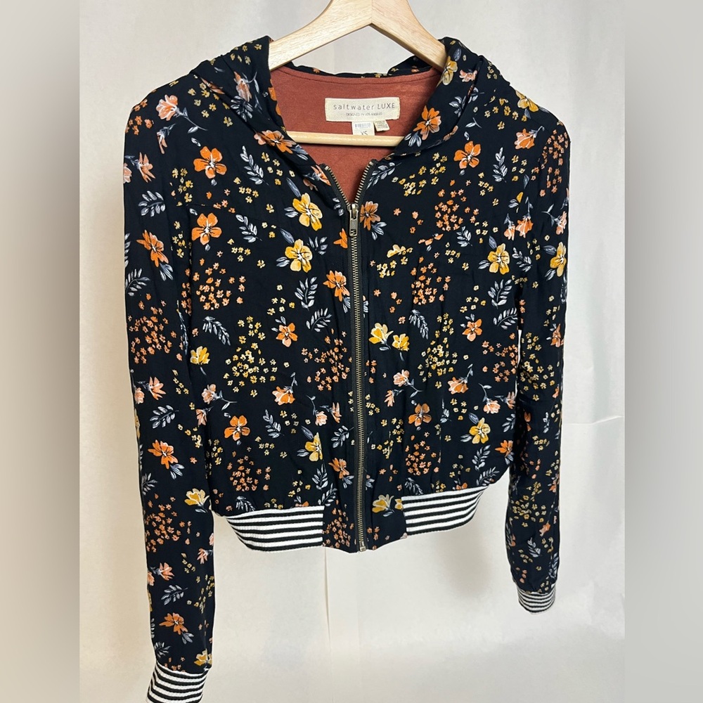 Saltwater Luxe Black Bomber Jacket with Orange Floral